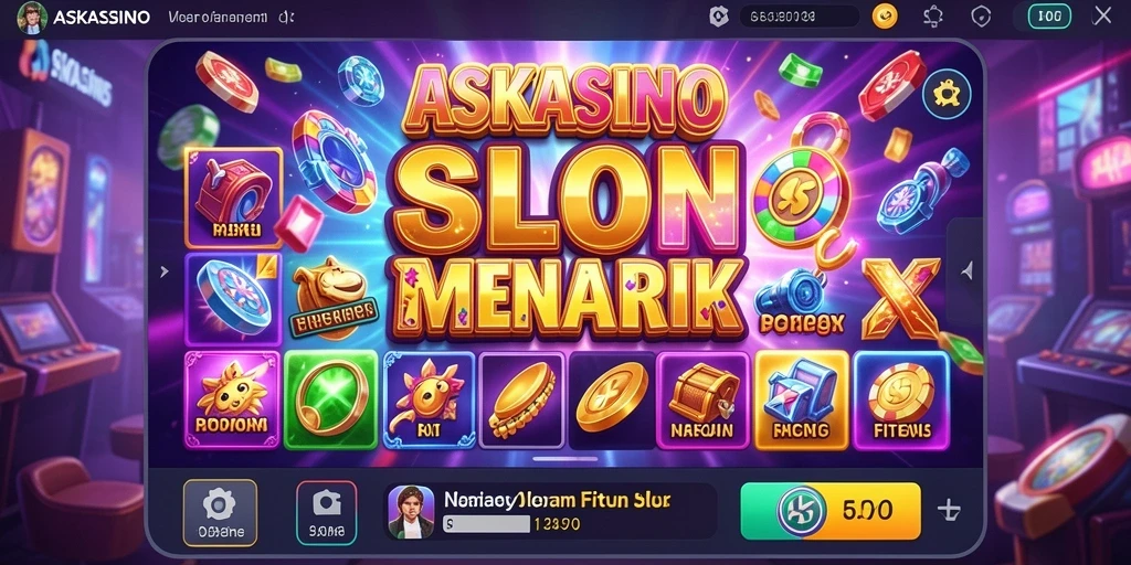 Tampilan utama gameplay ASKASINO menampilkan mesin slot yang penuh warna.