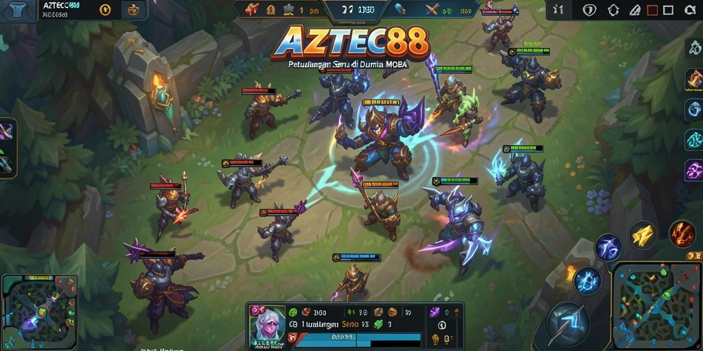 Screenshot gameplay AZTEC88 menampilkan aksi seru dalam pertempuran MOBA.