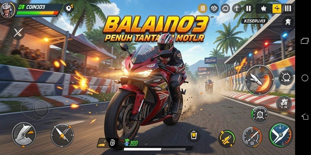 Gameplay seru COIN303 dengan balapan motor yang menantang.