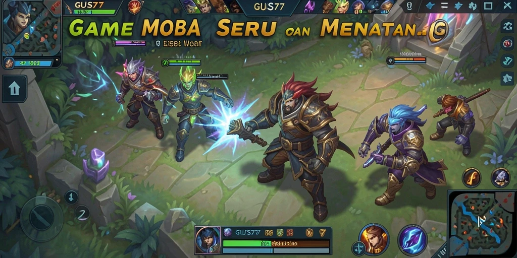 Tangkapan layar gameplay seru dalam GUS77 yang memperlihatkan aksi pertempuran MOBA.