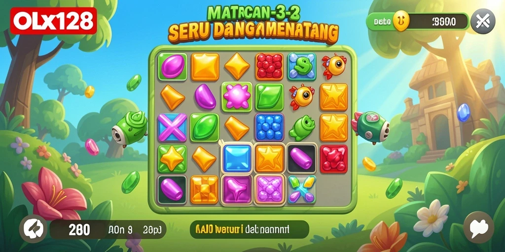 Screenshot gameplay OLX128 menampilkan kombinasi warna-warni dalam level Match-3.