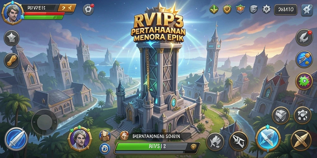 Tangkapan layar gameplay menarik dari RVIP3 menunjukkan pertahanan menara yang strategis.