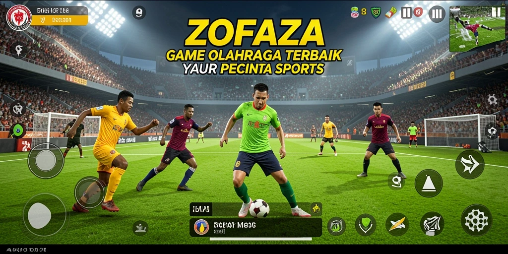 Screenshot utama ZOFAZA menampilkan aksi seru dalam pertandingan olahraga.